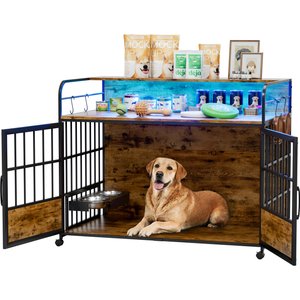 WARCAT Wooden Furniture Style Dog Crate with Dual Desktops, Rounded Side Armrests & Multi-Color LED Lights, Brown, Large