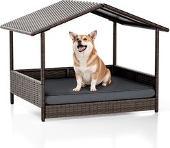 WARCAT Rattan Indoor & Outdoor Furniture Style House & Bed Dog Shelter with Removable Cushion & Canopy, Small, Brown
