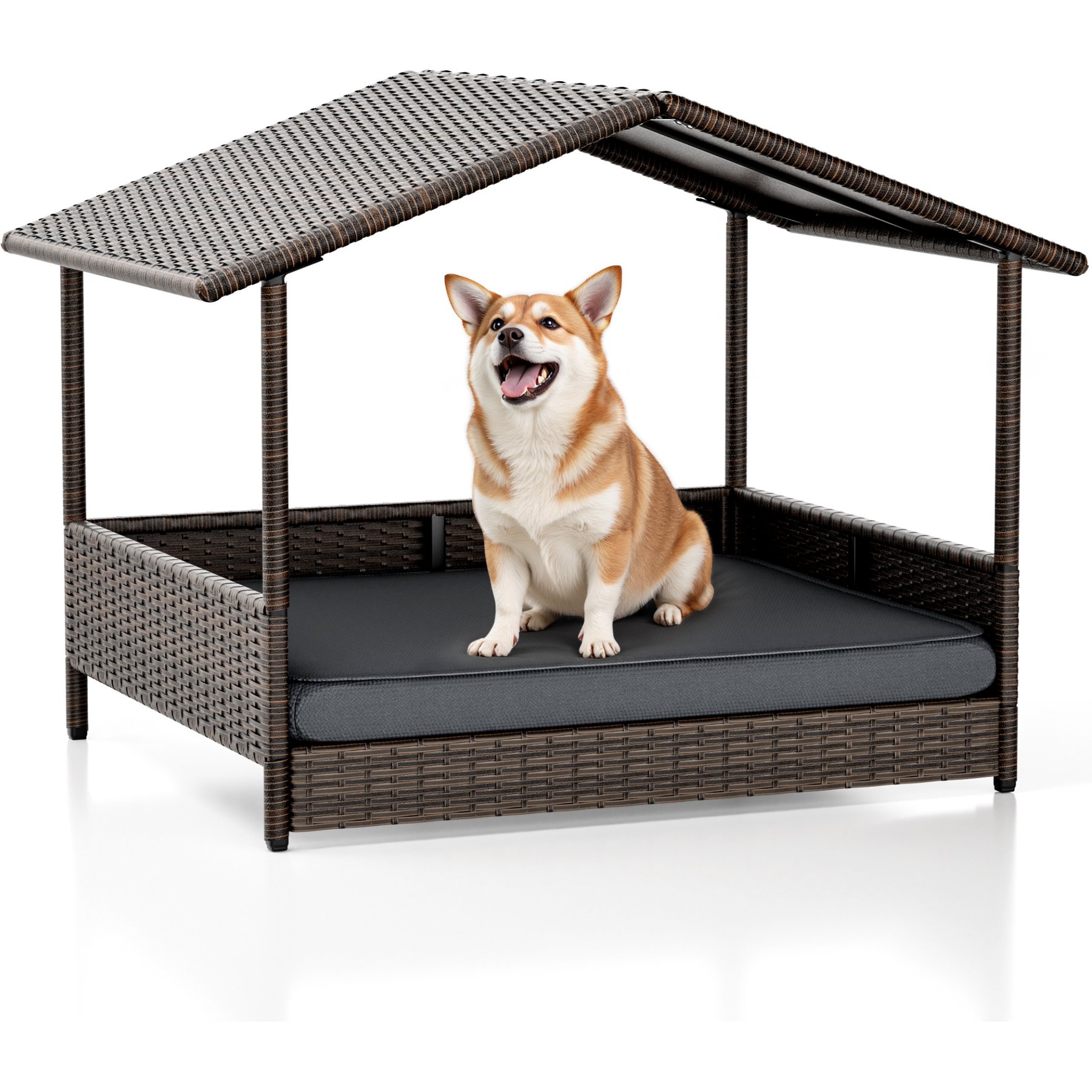 WARCAT Rattan Indoor & Outdoor Furniture Style House & Bed Dog Shelter with Removable Cushion & Canopy, Small, Brown