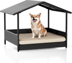 WARCAT Rattan Indoor & Outdoor Furniture Style House & Bed Dog Shelter with Removable Cushion & Canopy, Small, Black