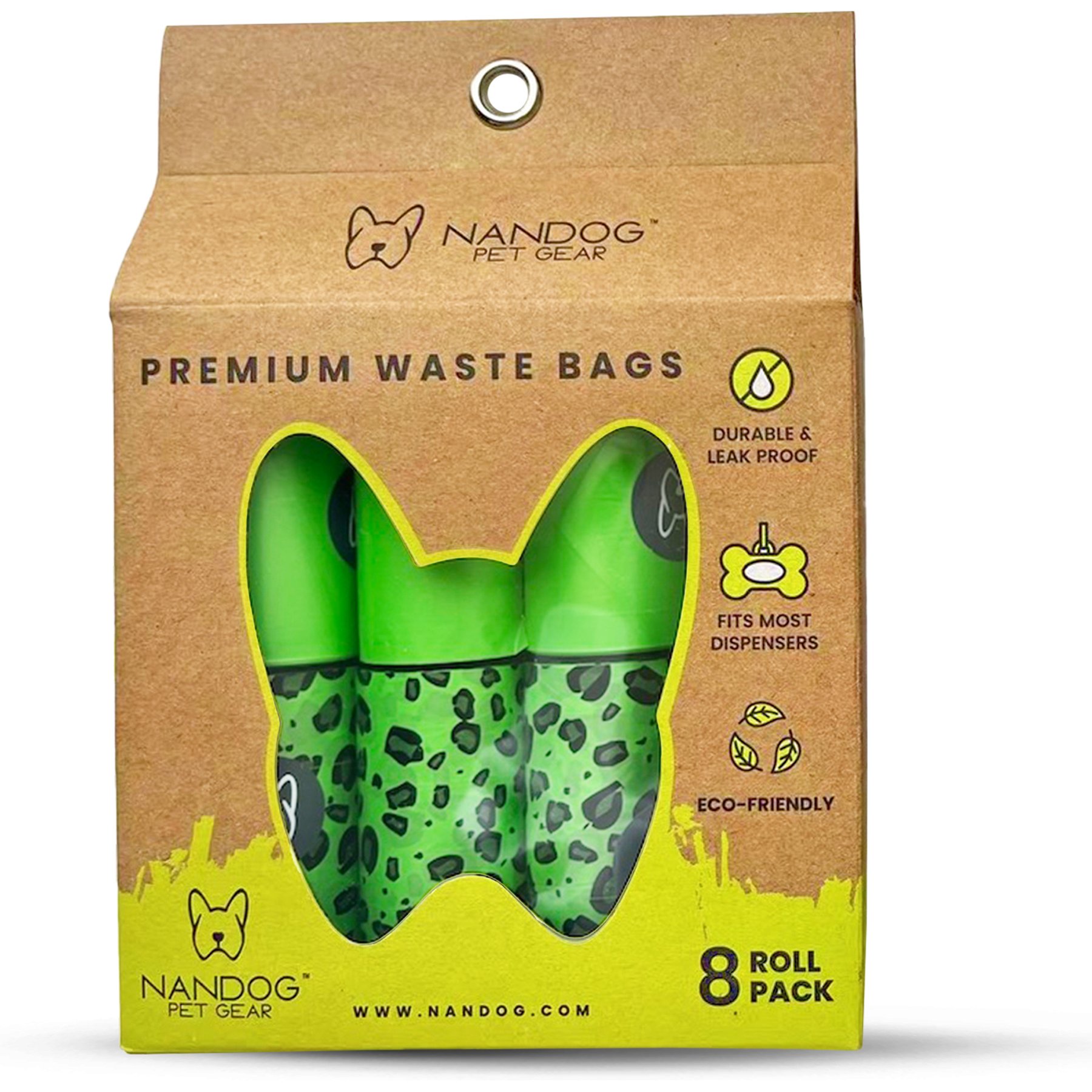 Nandog Eco-Friendly Leak Proof Dog Green Leopard Poop Bags, Unscented, 8 rolls /120 bags