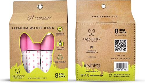 Show full view: Nandog Eco-Friendly Leak & Odor Proof Dog Pink Hearts Poop Bags, Unscented, 8 rolls /120 bags slide 5 of 6