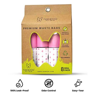 Show full view: Nandog Eco-Friendly Leak & Odor Proof Dog Pink Hearts Poop Bags, Unscented, 8 rolls /120 bags slide 2 of 6
