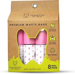 Nandog Eco-Friendly Leak & Odor Proof Dog Pink Hearts Poop Bags, Unscented, 8 rolls /120 bags