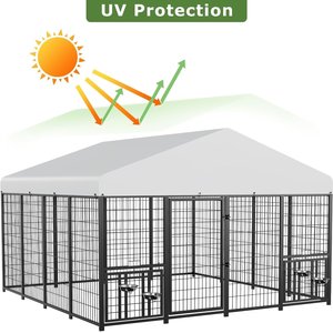 LovMor Heavy Duty Outdoor Dog Kennel with Rotating 4 Bowls, Black, 10 x 10 x 6.5 ft