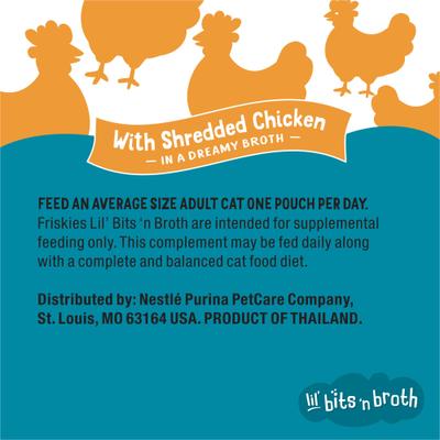 Show full view: Friskies Lil' Bits ‘n Broth with Shredded Chicken in a Dreamy Broth Lickable Wet Cat Food Topper, 1.2-oz pouch, case of 16 slide 10 of 13