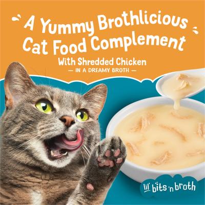 Show full view: Friskies Lil' Bits ‘n Broth with Shredded Chicken in a Dreamy Broth Lickable Wet Cat Food Topper, 1.2-oz pouch, case of 16 slide 4 of 13