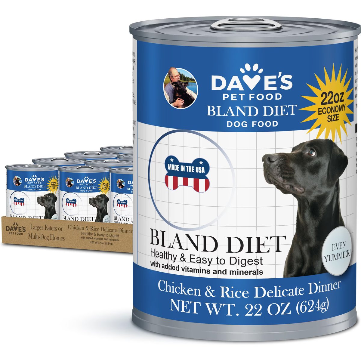 Dave's Pet Food Restricted Bland Diet Sensitive Stomach Digestive Care Chicken & Rice Canned Wet Dog Food, 22-oz, case of 12
