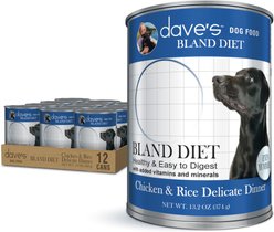 Dave's Pet Food Restricted Bland Diet Sensitive Stomach Digestive Care Chicken & Rice Canned Wet Dog Food, 13.2-oz, case of 12