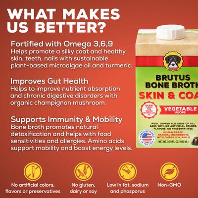 Show full view: Brutus Broth Vegetable Skin & Coat with Salmon Flavor Grain-Free Dog Food Topper, 16.9-oz box slide 4 of 11