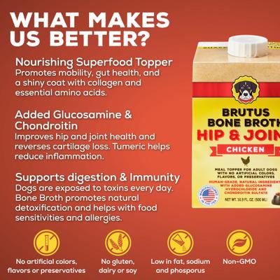 Show full view: Brutus Broth Chicken Bone Broth Hip & Joint with Glucosamine Grain-Free Dog Food Topper, 16.9-oz box​ slide 4 of 11