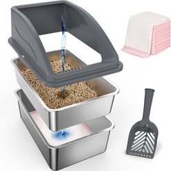 Invenho Stainless Steel Non Clumping High Sided Cat Litter Box with Lid, XX-Large: 22.85-in, Dark Gray