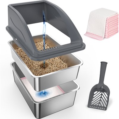 Invenho Invenho Stainless Steel Non Clumping High Sided Cat Litter Box with Lid, XX-Large: 22.85-in, Dark Gray