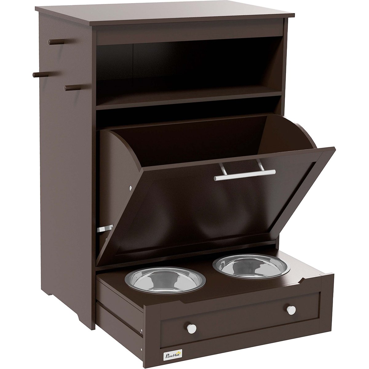 AOSTIRMOTOR PawHut Dog Feeder Station Storage Cabinet with Raised Bowls & Hanger, Small: 2-cup, Brown