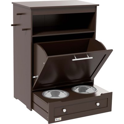 AOSTIRMOTOR AOSTIRMOTOR PawHut Dog Feeder Station Storage Cabinet with Raised Bowls & Hanger, Small: 2-cup, Brown