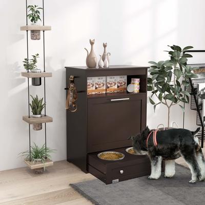 Show full view: AOSTIRMOTOR PawHut Dog Feeder Station Storage Cabinet with Raised Bowls & Hanger, Small: 2-cup, Brown slide 4 of 8