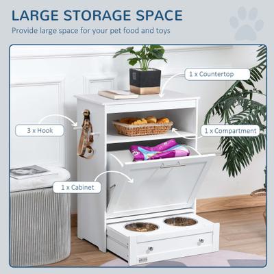 Show full view: AOSTIRMOTOR PawHut Dog Feeder Station Storage Cabinet with Raised Bowls & Hanger, Small: 2-cup, White slide 5 of 9
