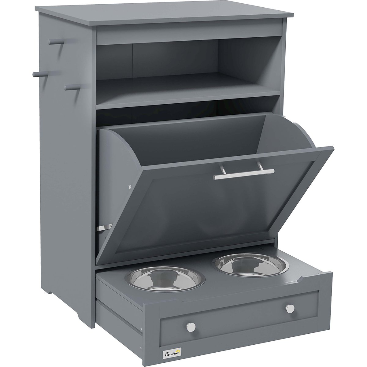 AOSTIRMOTOR PawHut Dog Feeder Station Storage Cabinet with Raised Bowls & Hanger, Small: 2-cup, Grey