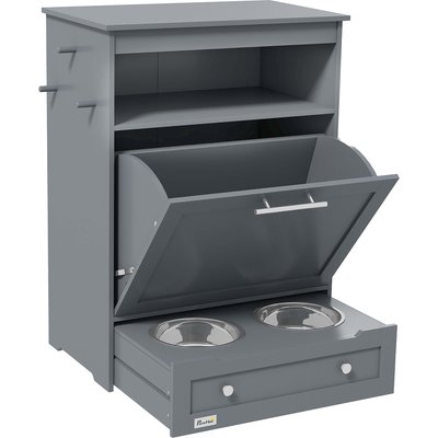 AOSTIRMOTOR AOSTIRMOTOR PawHut Dog Feeder Station Storage Cabinet with Raised Bowls & Hanger, Small: 2-cup, Grey