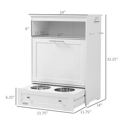 Show full view: AOSTIRMOTOR PawHut Dog Feeder Station Storage Cabinet with Raised Bowls & Hanger, Small: 2-cup, White slide 3 of 9