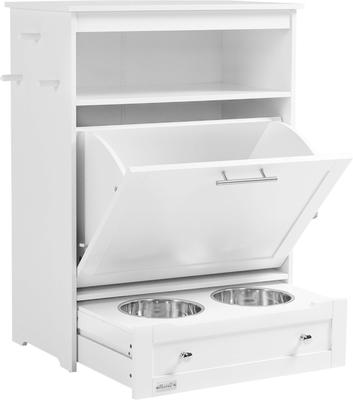 Show full view: AOSTIRMOTOR PawHut Dog Feeder Station Storage Cabinet with Raised Bowls & Hanger, Small: 2-cup, White slide 4 of 9