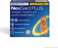 NexGard PLUS Chewables for Dogs, 17.1-33 lbs. (Gold Box) 1 Chewable Tablet (1-mo. supply)