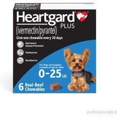 Heartgard Plus Chew for Dogs, up to 25 lbs, (Blue Box), 6 Chews (6-mos. supply)