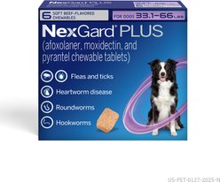 NexGard PLUS Chewables for Dogs, 33.1-66 lbs. (Purple Box) 6 Chewable Tablets (6-mos. supply)