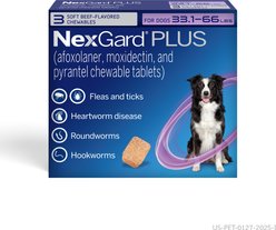 NexGard PLUS Chewables for Dogs, 33.1-66 lbs. (Purple Box) 3 Chewable Tablets (3-mos. supply)