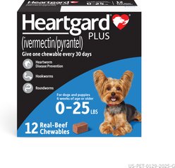 Heartgard Plus Chew for Dogs, up to 25 lbs, (Blue Box), 12 Chews (12-mos. supply)
