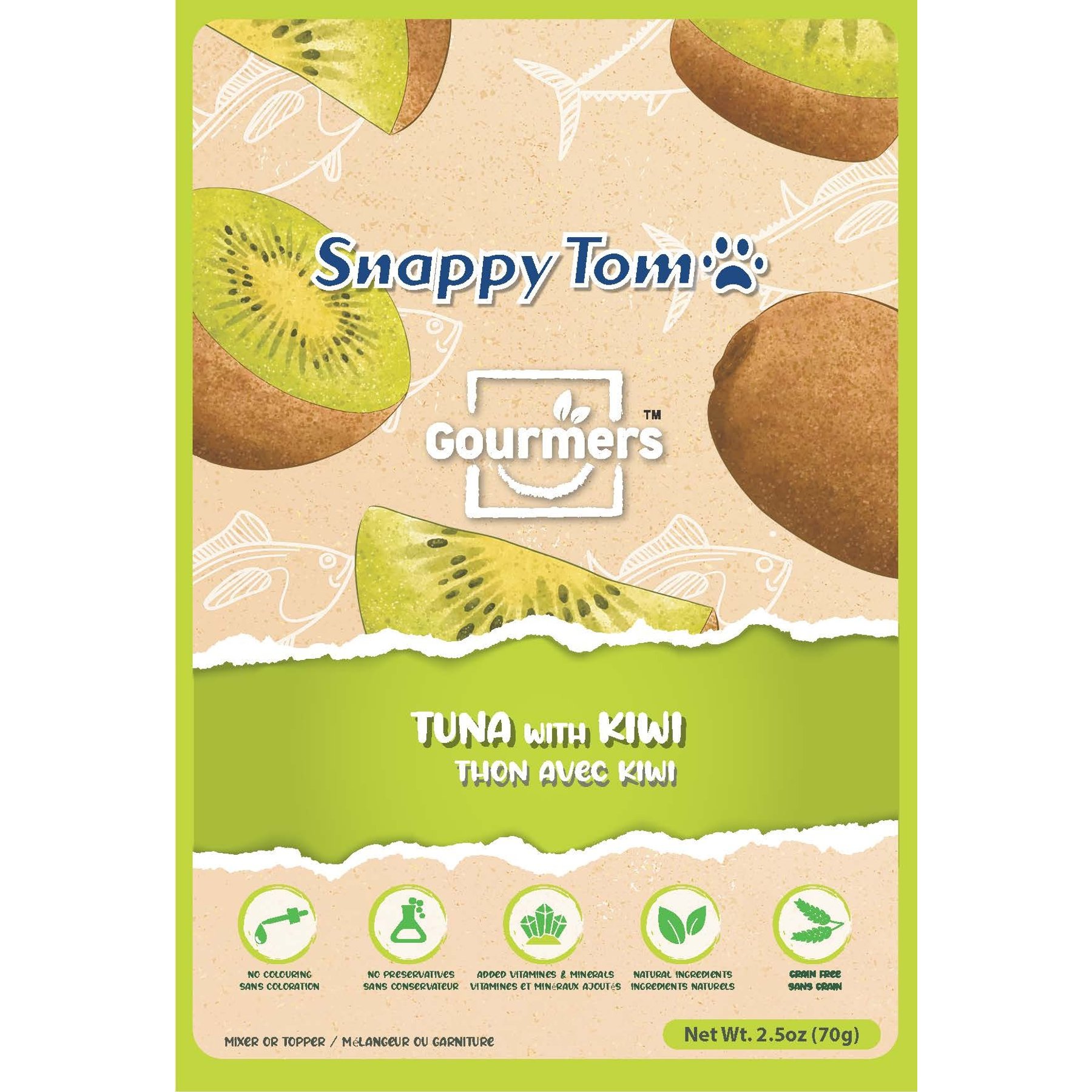 Snappy Tom Gourmer's Tuna with Kiwi Grain-Free Wet Cat Food Topping, 2.5-oz pouch, case of 12
