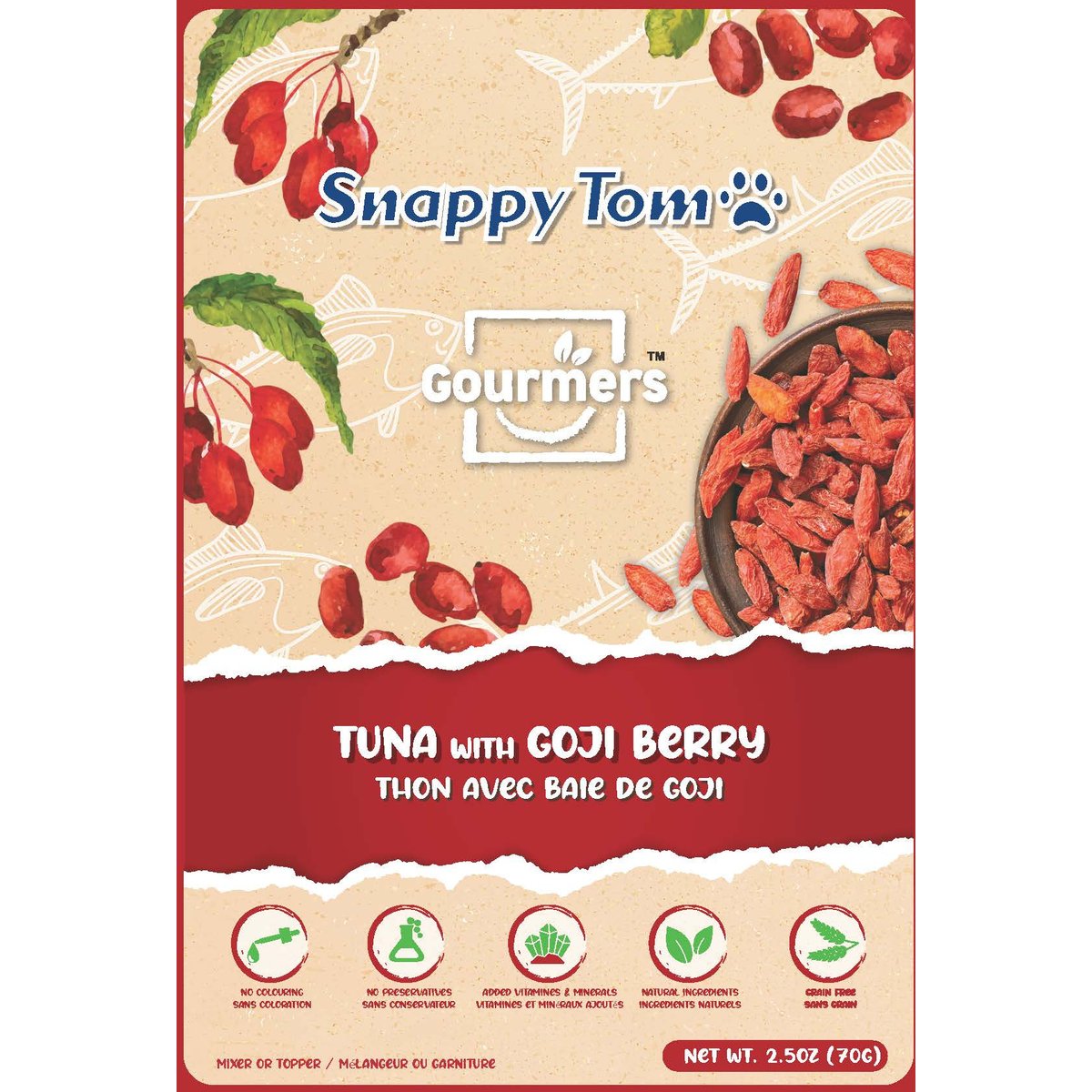 Snappy Tom Gourmer's Tuna with Goji Berry Grain-Free Wet Cat Food Topping, 2.5-oz pouch, case of 12