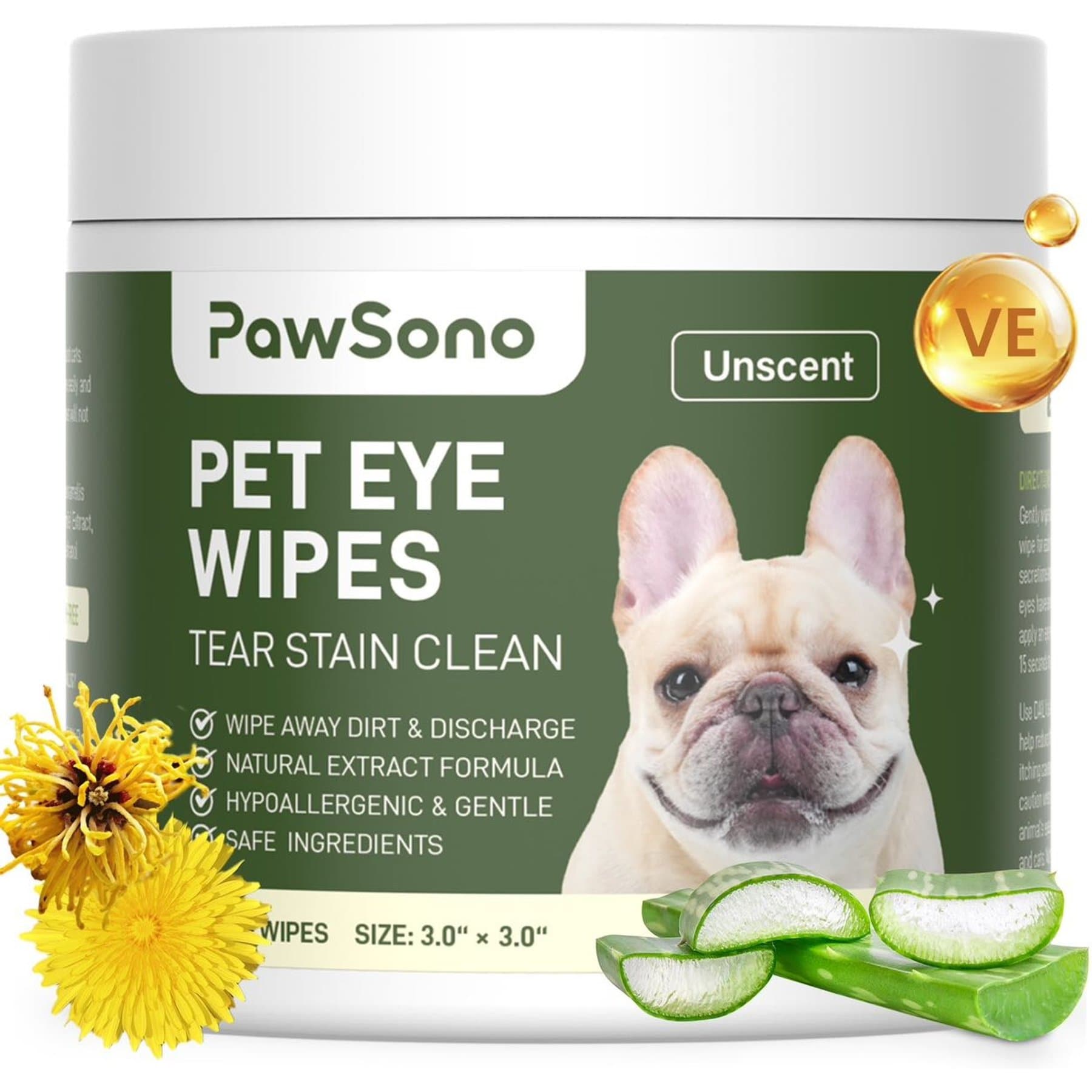 PawSono Hypoallergenic Dog & Cat Eye Wipes, 100 count