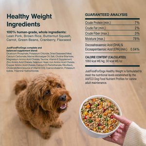 JustFoodForDogs Adult Fresh Frozen Healthy Weight Human-Grade Pork Dog Food, 18-oz pouch, case of 21