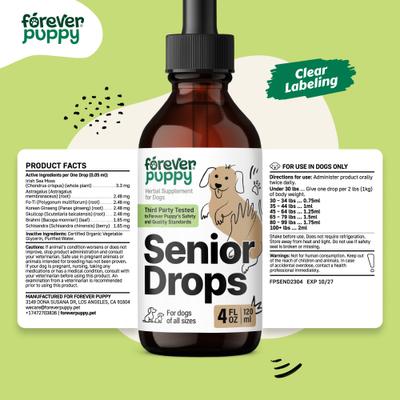 Show full view: Forever Puppy Senior Drops Liquid Supplement for Dogs, 4-fl oz bottle slide 8 of 9