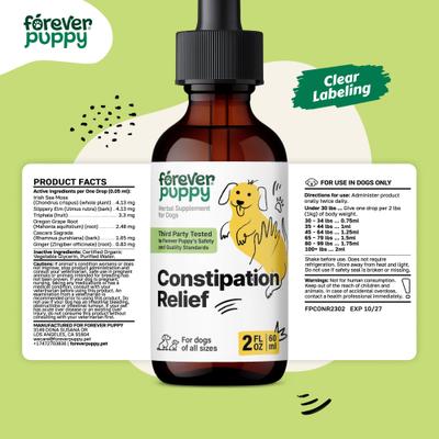 Show full view: Forever Puppy Constipation Relief Drops Digestive Supplement for Dogs, 2-fl oz bottle slide 8 of 10