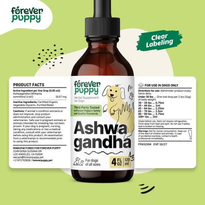 Show full view: Forever Puppy Ashwagandha Drops Liquid Calming Supplement for Dogs, 4-fl oz bottle slide 8 of 9
