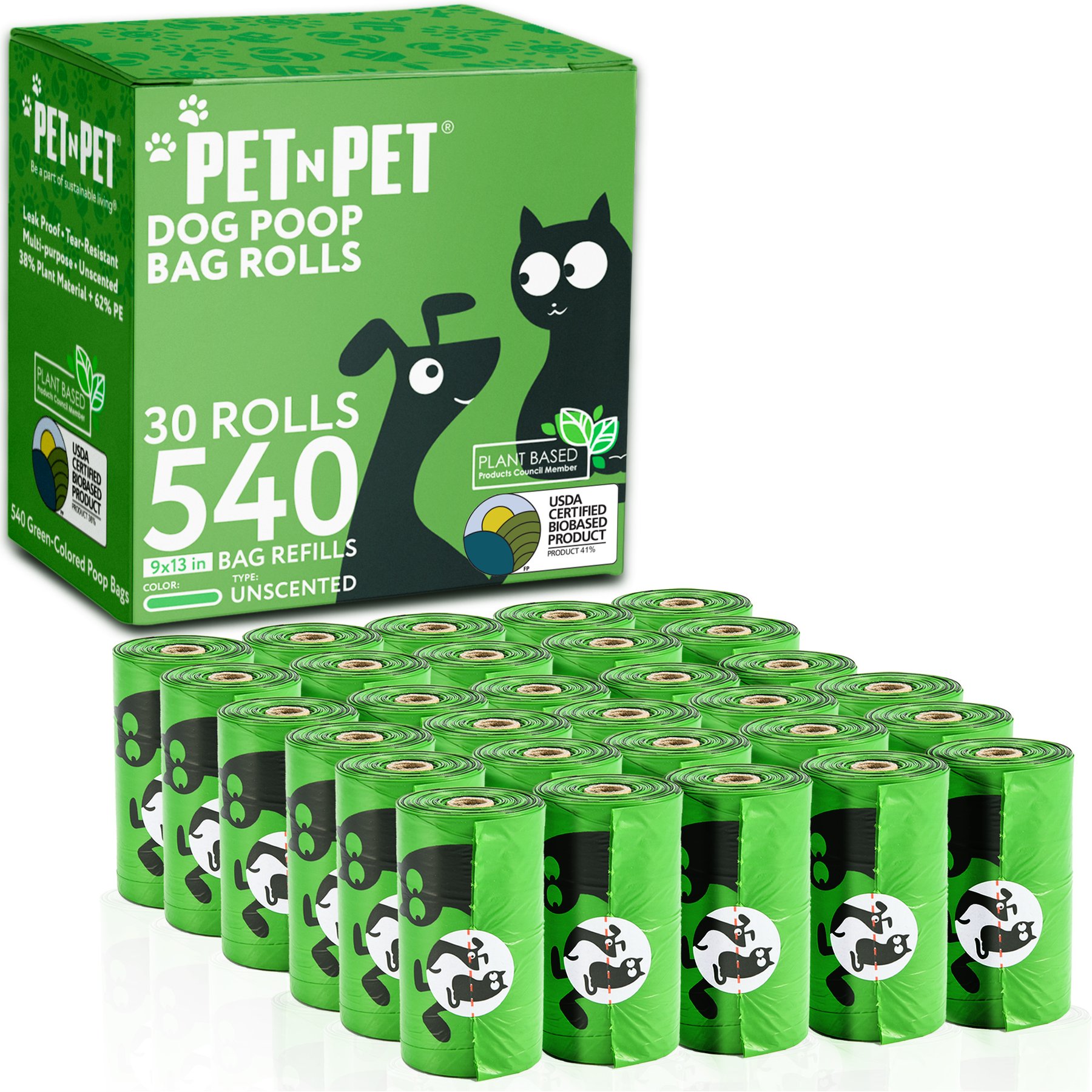 PET N PET Plant Based Dog Poop Bags, Refill Rolls, Unscented, Green, 540 count