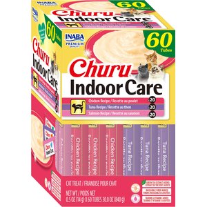 Inaba Churu Indoor Care Tuna Chicken & Salmon Variety Creamy Puree Grain-Free Lickable Cat Treats, 0.5-oz tube, 60 count