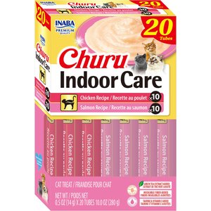 Inaba Churu Indoor Care Chicken & Salmon Variety Creamy Puree Grain-Free Lickable Cat Treats, 0.5-oz tube, 20 count