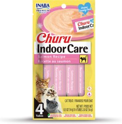 Inaba Churu Indoor Care Salmon Recipe Creamy Puree Grain-Free Lickable Cat Treats, 0.5-oz tube, 24 count