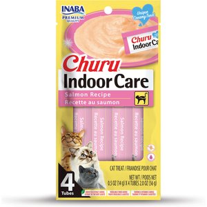 Inaba Churu Indoor Care Salmon Recipe Creamy Puree Grain-Free Lickable Cat Treats, 0.5-oz tube, 24 count