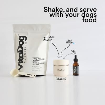 Show full view: VitaDog Nutrition Bundle: Daily All-in-One Powder Supplement, 21.2-oz bag + Custom Blend Oil Liquid Supplement for Dogs, 1-fl oz bottle slide 3 of 9