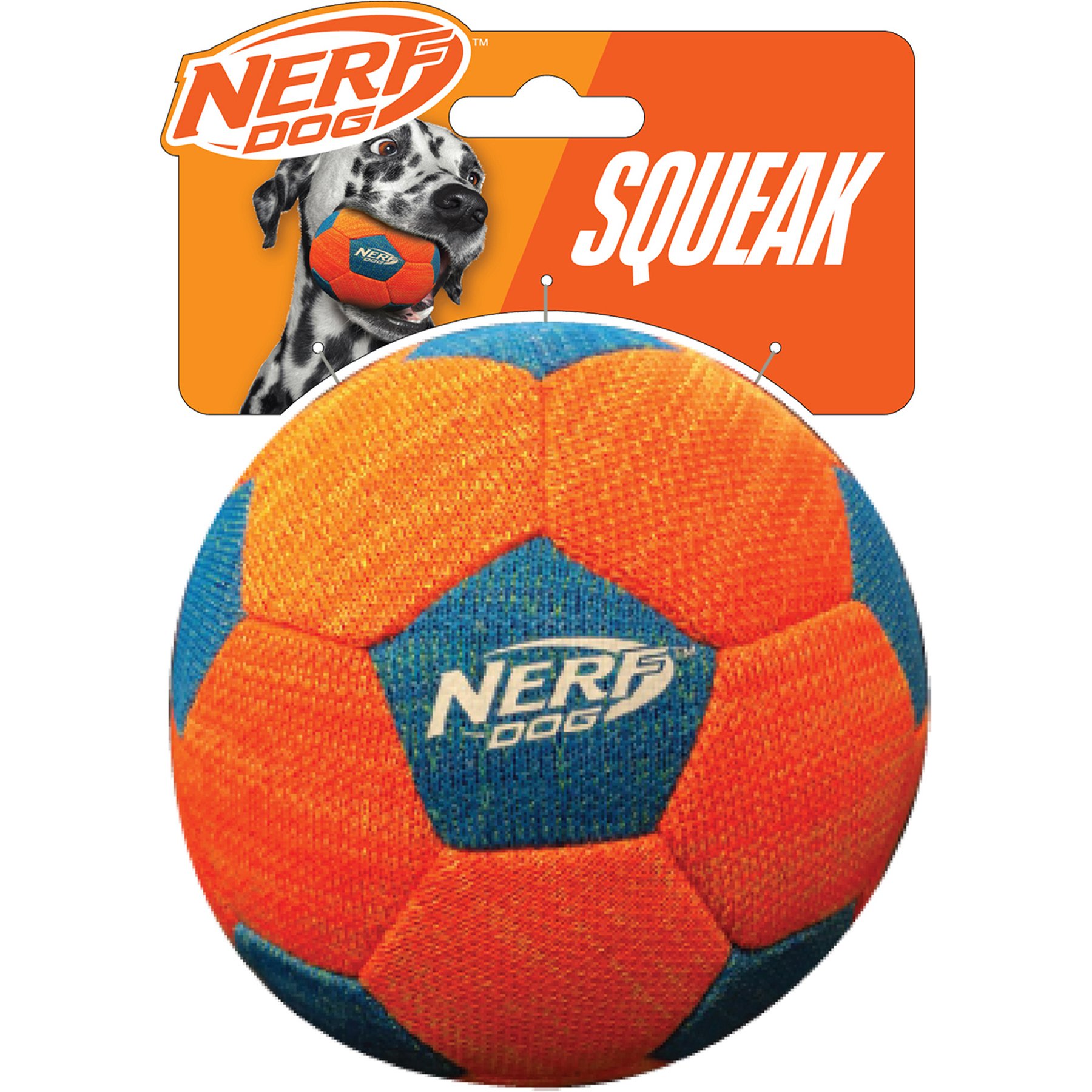 Nerf Dog X-Weave Soccer Squeak Dog Ball Toy, Orange/Blue, 5-in, 2 count