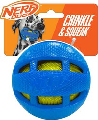 Nerf Dog TPR Checker Squeak & Crunch Dog Ball Toy, Blue & Green, 3.8-in