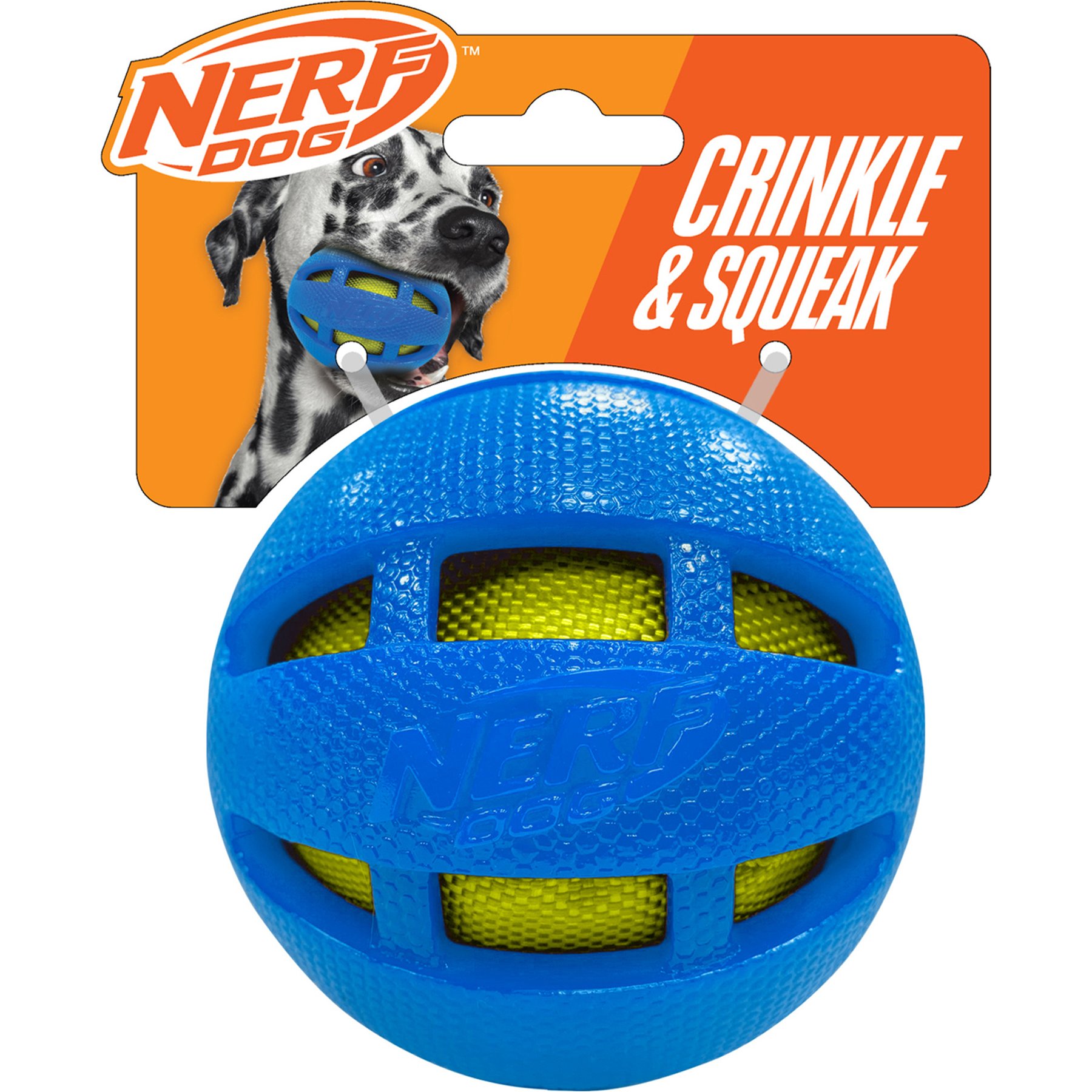 Nerf Dog TPR Checker Squeak & Crunch Dog Ball Toy, Blue & Green, 3.8-in