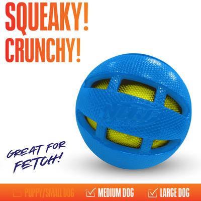 Show full view: Nerf Dog TPR Checker Squeak & Crunch Dog Ball Toy, Blue & Green, 3.8-in slide 3 of 6