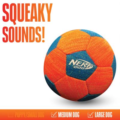 Show full view: Nerf Dog X-Weave Soccer Squeak Dog Ball Toy, Orange/Blue, 5-in, 2 count slide 3 of 5