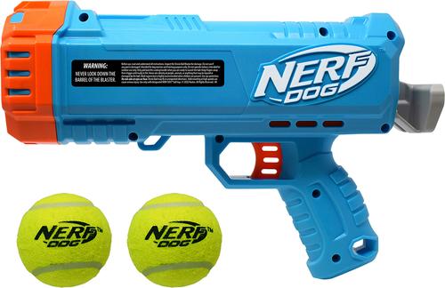 Show full view: Nerf Dog Gift Set Card Compact Blaster & 2.5-in Non-Squeak Tennis Ball Dog Launchers Toy, Light Blue/Orange/Gray/Yellow, 12-in, 2 count slide 6 of 6