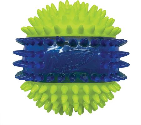 Show full view: Nerf Dog Translucent TPR 3-Part Spike LED & Squeak Dog Ball Toy, Blue/Green, 2.7-in slide 5 of 6
